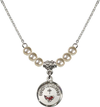 18" Rhodium Plated Necklace with 4mm Faux-Pearl Beads featuring a Sterling Silver Confirmation Medal. Engraved Catholic Saint Jewelry