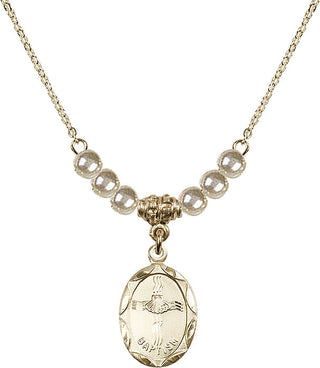 18" Hamilton Gold Plated Necklace with 4mm Faux-Pearl Beads featuring a 14kt Gold Filled Baptism Medal. Engraved Catholic Saint Jewelry