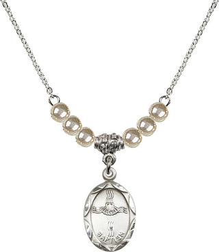 18" Rhodium Plated Necklace with 4mm Faux-Pearl Beads featuring a Sterling Silver Baptism Medal. Engraved Catholic Saint Jewelry
