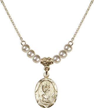 18" Hamilton Gold Plated Necklace with 4mm Faux-Pearl Beads featuring a 14kt Gold Filled Saint Christopher Medal. Engraved Catholic Saint Jewelry