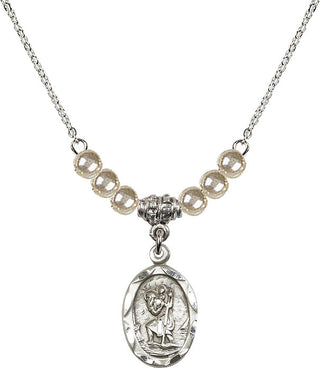 18" Rhodium Plated Necklace with 4mm Faux-Pearl Beads featuring a Sterling Silver Saint Christopher Medal. Engraved Catholic Saint Jewelry