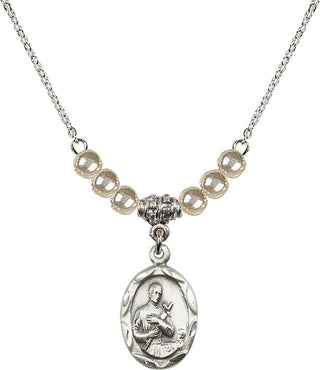 18" Rhodium Plated Necklace with 4mm Faux-Pearl Beads featuring a Sterling Silver Saint Gerard Medal. Engraved Catholic Saint Jewelry