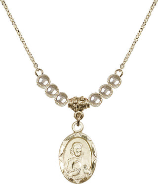 18" Hamilton Gold Plated Necklace with 4mm Faux-Pearl Beads featuring a 14kt Gold Filled Saint Jude Medal. Engraved Catholic Saint Jewelry