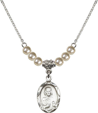 18" Rhodium Plated Necklace with 4mm Faux-Pearl Beads featuring a Sterling Silver Saint Jude Medal. Engraved Catholic Saint Jewelry