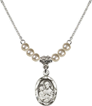 18" Rhodium Plated Necklace with 4mm Faux-Pearl Beads featuring a Sterling Silver Saint Joseph Medal. Engraved Catholic Saint Jewelry