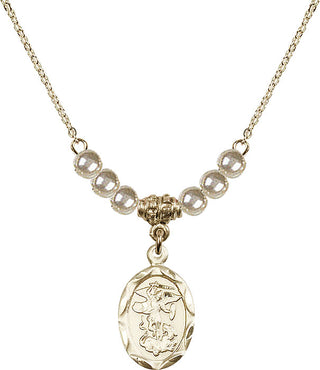 18" Hamilton Gold Plated Necklace with 4mm Faux-Pearl Beads featuring a 14kt Gold Filled Saint Michael the Archangel Medal.