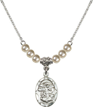 18" Rhodium Plated Necklace with 4mm Faux-Pearl Beads featuring a Sterling Silver Saint Michael the Archangel Medal.