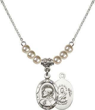 18" Rhodium Plated Necklace with 4mm Faux-Pearl Beads featuring a Sterling Silver Scapular Medal.
