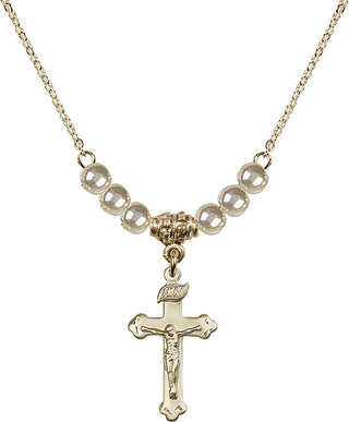 18" Hamilton Gold Plated Necklace with 4mm Faux-Pearl Beads featuring a 14kt Gold Filled Crucifix Medal.