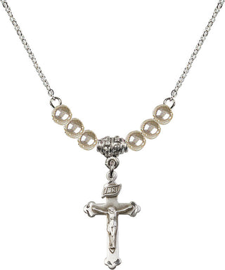 18" Rhodium Plated Necklace with 4mm Faux-Pearl Beads featuring a Sterling Silver Crucifix Medal.