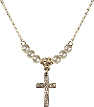 18" Hamilton Gold Plated Necklace with 4mm Faux-Pearl Beads featuring a 14kt Gold Filled Crucifix Medal.