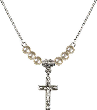18" Rhodium Plated Necklace with 4mm Faux-Pearl Beads featuring a Sterling Silver Crucifix Medal.