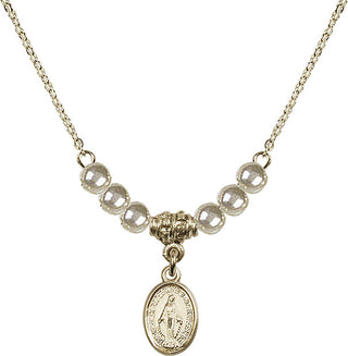18" Hamilton Gold Plated Necklace with 4mm Faux-Pearl Beads featuring a 14kt Gold Filled Miraculous Medal.