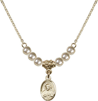 18" Hamilton Gold Plated Necklace with 4mm Faux-Pearl Beads featuring a 14kt Gold Filled Scapular Medal.