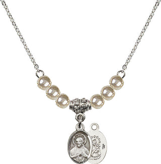 18" Rhodium Plated Necklace with 4mm Faux-Pearl Beads featuring a Sterling Silver Scapular Medal.