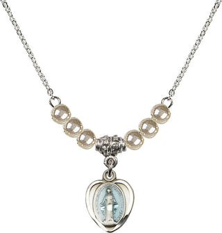 18" Rhodium Plated Necklace with 4mm Faux-Pearl Beads featuring a Sterling Silver Miraculous Medal.