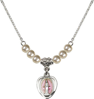 18" Rhodium Plated Necklace with 4mm Faux-Pearl Beads featuring a Sterling Silver Miraculous Medal.