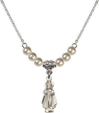 18" Rhodium Plated Necklace with 4mm Faux-Pearl Beads featuring a Sterling Silver Infant of Prague Medal.