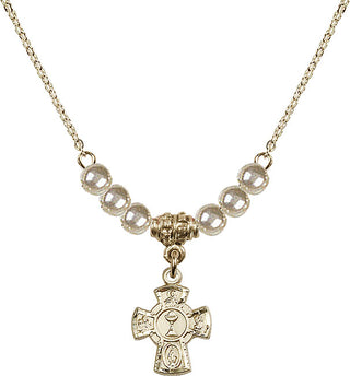 18" Hamilton Gold Plated Necklace with 4mm Faux-Pearl Beads featuring a 14kt Gold Filled 5-Way / Chalice Medal.