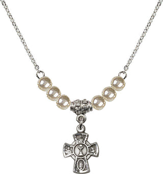 18" Rhodium Plated Necklace with 4mm Faux-Pearl Beads featuring a Sterling Silver 5-Way / Chalice Medal.