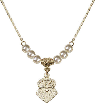 18" Hamilton Gold Plated Necklace with 4mm Faux-Pearl Beads featuring a 14kt Gold Filled Seven Gifts Medal.