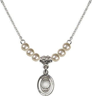 18" Rhodium Plated Necklace with 4mm Faux-Pearl Beads featuring a Sterling Silver Baptism Medal.