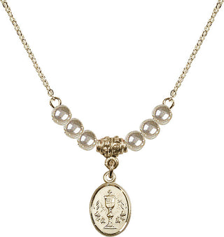 18" Hamilton Gold Plated Necklace with 4mm Faux-Pearl Beads featuring a 14kt Gold Filled Chalice Medal.