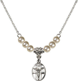 18" Rhodium Plated Necklace with 4mm Faux-Pearl Beads featuring a Sterling Silver Crucifix Medal.