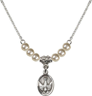 18" Rhodium Plated Necklace with 4mm Faux-Pearl Beads featuring a Sterling Silver Holy Spirit Medal.