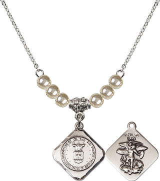 18" Rhodium Plated Necklace with 4mm Faux-Pearl Beads featuring a Sterling Silver Air Force Diamond Medal.