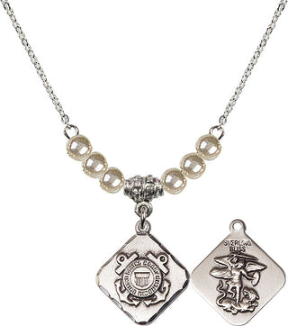 18" Rhodium Plated Necklace with 4mm Faux-Pearl Beads featuring a Sterling Silver Coast Guard Diamond Medal.