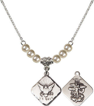 18" Rhodium Plated Necklace with 4mm Faux-Pearl Beads featuring a Sterling Silver Navy Diamond Medal.