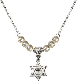 18" Rhodium Plated Necklace with 4mm Faux-Pearl Beads featuring a Sterling Silver Star of David with Cross Medal.