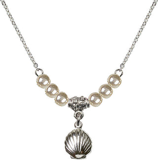 18" Rhodium Plated Necklace with 4mm Faux-Pearl Beads featuring a Sterling Silver Shell Medal.