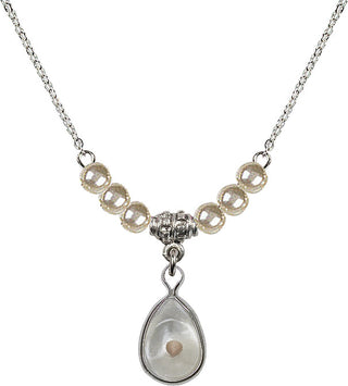 18" Rhodium Plated Necklace with 4mm Faux-Pearl Beads featuring a Sterling Silver Mustard Seed Medal.
