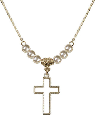 18" Hamilton Gold Plated Necklace with 4mm Faux-Pearl Beads featuring a 14kt Gold Filled Cross Medal.