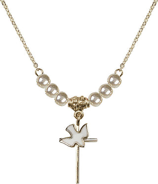 18" Hamilton Gold Plated Necklace with 4mm Faux-Pearl Beads featuring a 14kt Gold Filled Cross / Holy Spirit Medal.