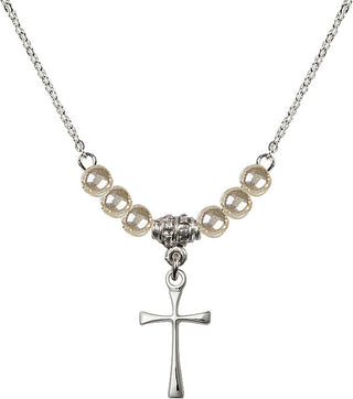 18" Rhodium Plated Necklace with 4mm Faux-Pearl Beads featuring a Sterling Silver Maltese Cross Medal.