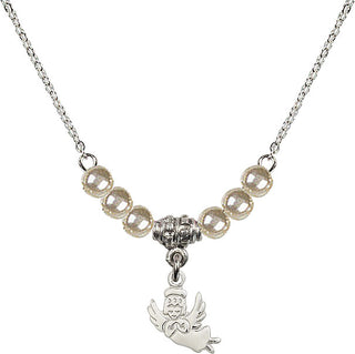 18" Rhodium Plated Necklace with 4mm Faux-Pearl Beads featuring a Sterling Silver Guardian Angel Medal.