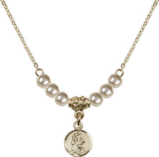 18" Hamilton Gold Plated Necklace with 4mm Faux-Pearl Beads featuring a 14kt Gold Filled Saint Christopher Medal.