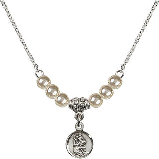 18" Rhodium Plated Necklace with 4mm Faux-Pearl Beads featuring a Sterling Silver Saint Christopher Medal.