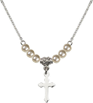 18" Rhodium Plated Necklace with 4mm Faux-Pearl Beads featuring a Sterling Silver Cross Medal.