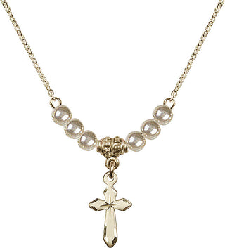 18" Hamilton Gold Plated Necklace with 4mm Faux-Pearl Beads featuring a 14kt Gold Filled Cross Medal.