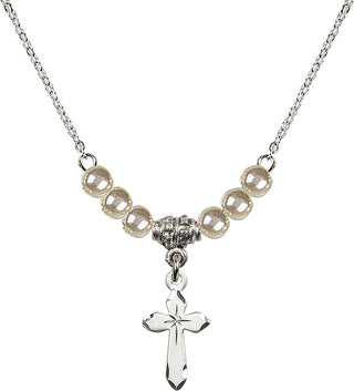 18" Rhodium Plated Necklace with 4mm Faux-Pearl Beads featuring a Sterling Silver Cross Medal.