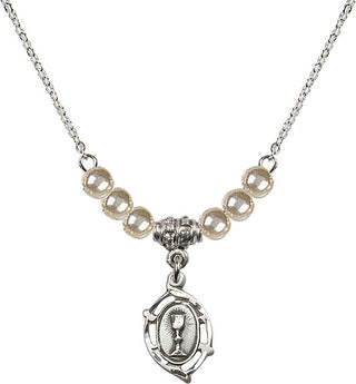 18" Rhodium Plated Necklace with 4mm Faux-Pearl Beads featuring a Sterling Silver Communion Medal.