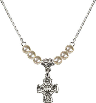 18" Rhodium Plated Necklace with 4mm Faux-Pearl Beads featuring a Sterling Silver 5-Way Medal.