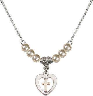 18" Rhodium Plated Necklace with 4mm Faux-Pearl Beads featuring a Gold Filled / Sterling Silver Heart / Cross Medal.