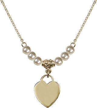 18" Hamilton Gold Plated Necklace with 4mm Faux-Pearl Beads featuring a 14kt Gold Filled Heart Medal. Engraved Catholic Saint Jewelry