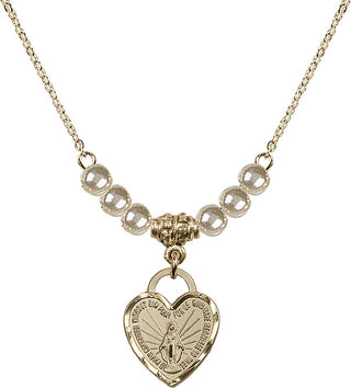 18" Hamilton Gold Plated Necklace with 4mm Faux-Pearl Beads featuring a 14kt Gold Filled Miraculous Heart Medal. Engraved Catholic Saint Jewelry