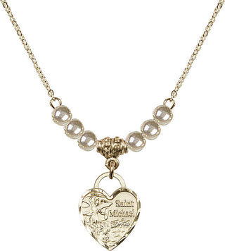 18" Hamilton Gold Plated Necklace with 4mm Faux-Pearl Beads featuring a 14kt Gold Filled Saint Michael Heart Medal. Engraved Catholic Saint Jewelry